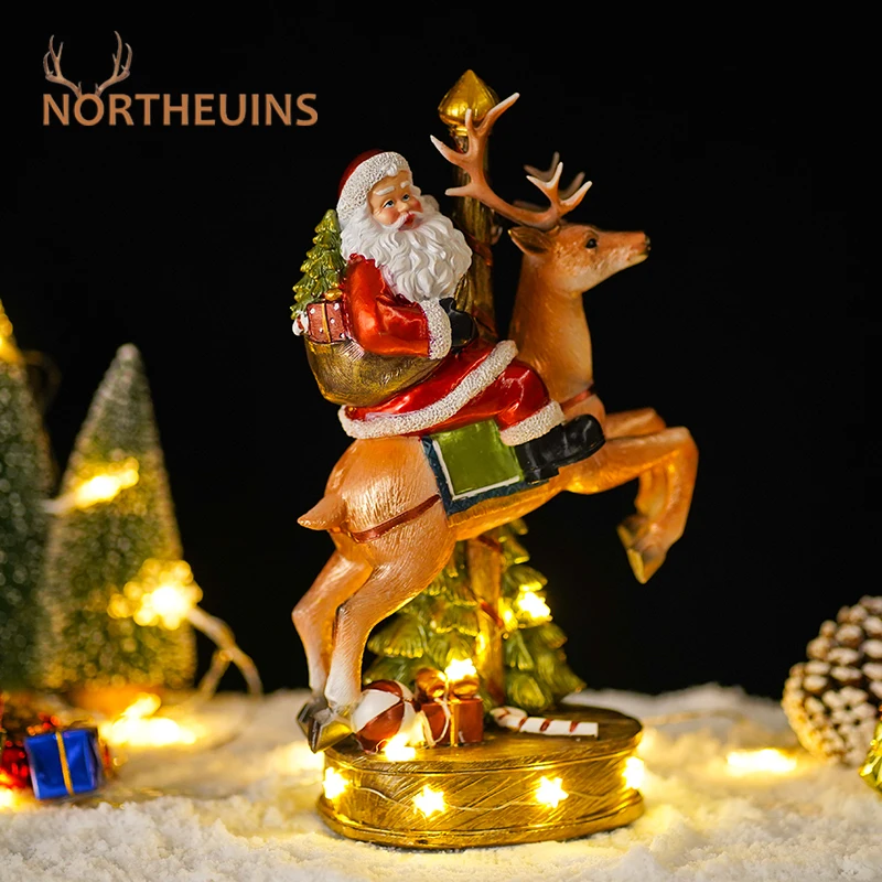 

NORTHEUINS Resin Santa Claus Riding Deer Figurines for Interior Glowing Hand-Painted Decoration Christmas Dolls New Year Gifts