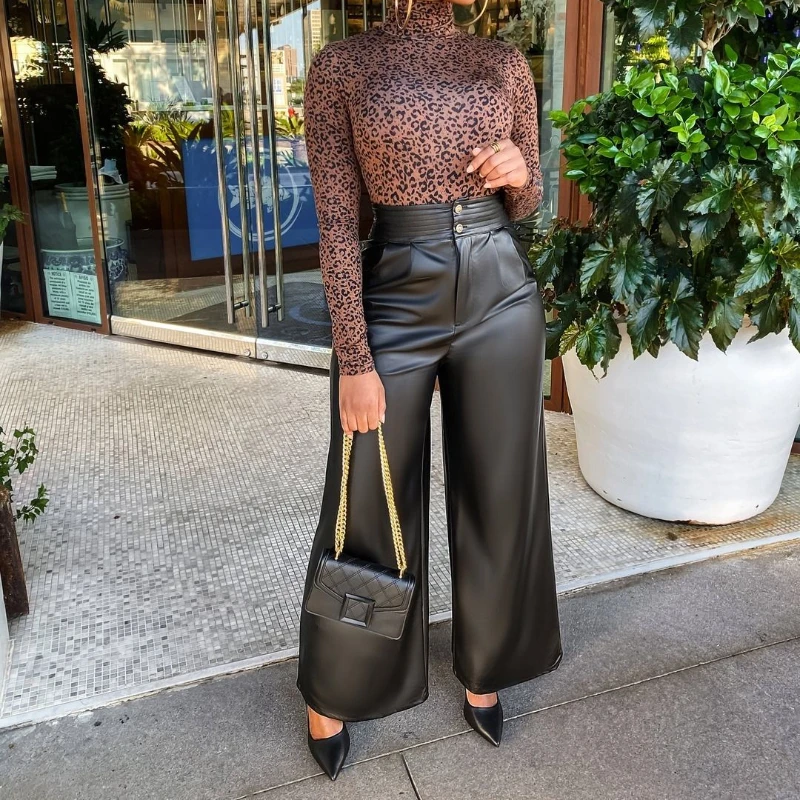 

2022 New Autumn and Winter Women Wide Leg Trousers Fashion Casual Women's Clothing High Waist PU Woman Black Loose Pants