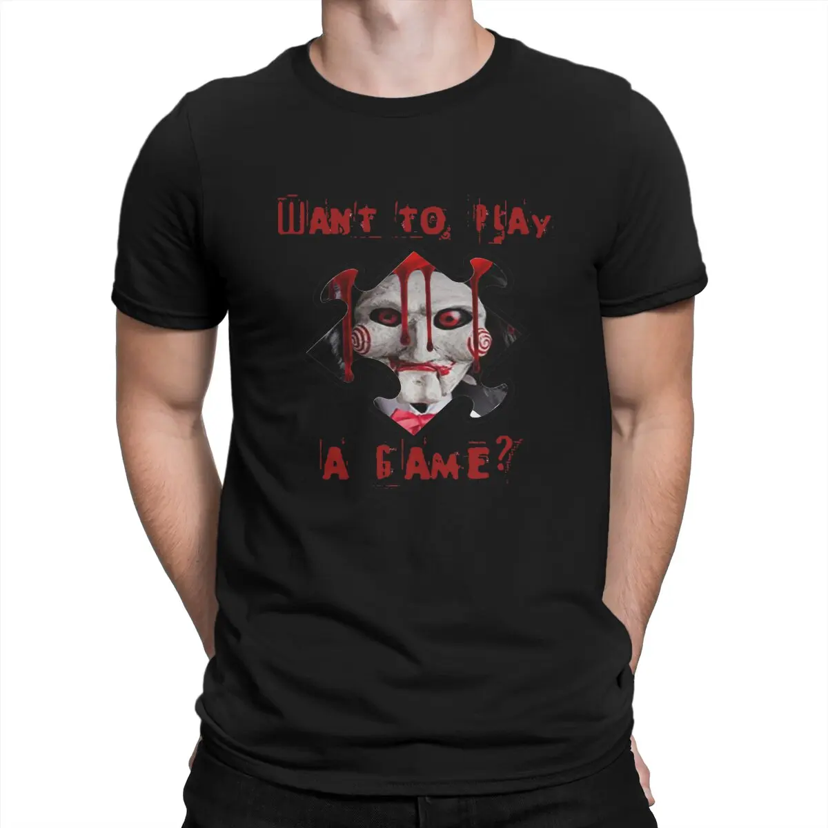 

Jigsaw Billy the Puppet T-Shirt Men Saw Horror Film Vintage 100% Cotton Tee Shirt Round Collar Short Sleeve T Shirt New Arrival