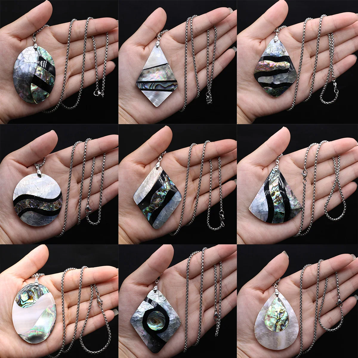 

Natural Shell Metal Chain Pendant Geometry Droplet Heart Diamond Round Shape Of Splicing Abalone Shell Exquisite Charms For Gift