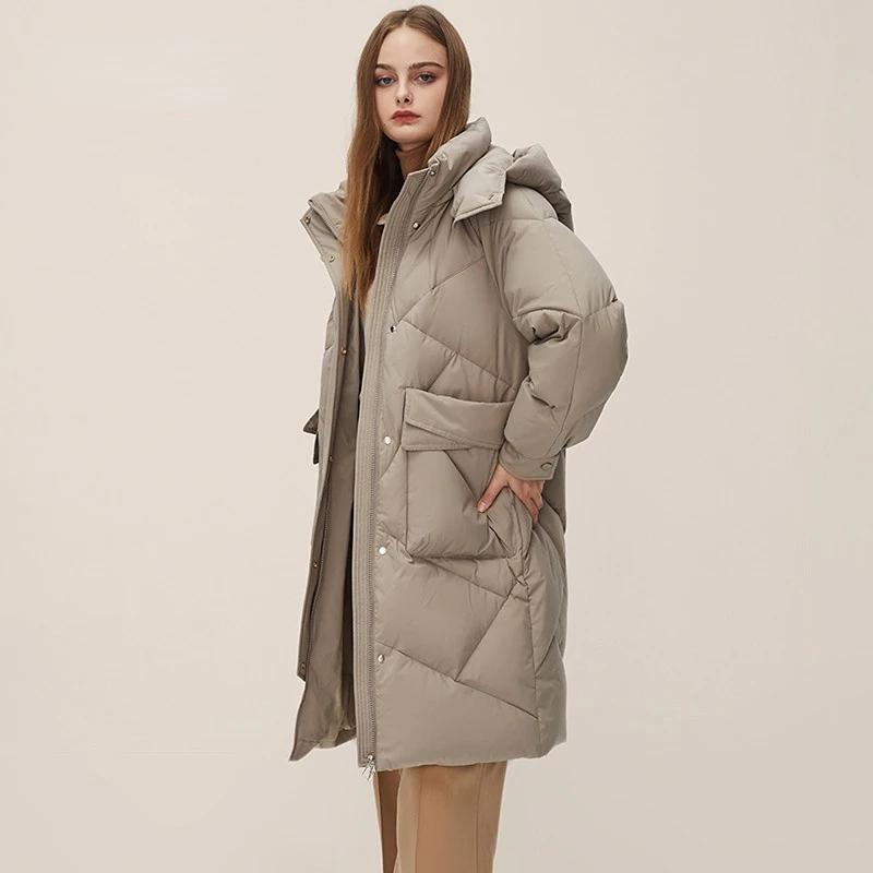 Medium Length Down Jacket Women Warm White Duck Down Hooded Jacket Thickened Warm Loose Silhouette Hood Detachable