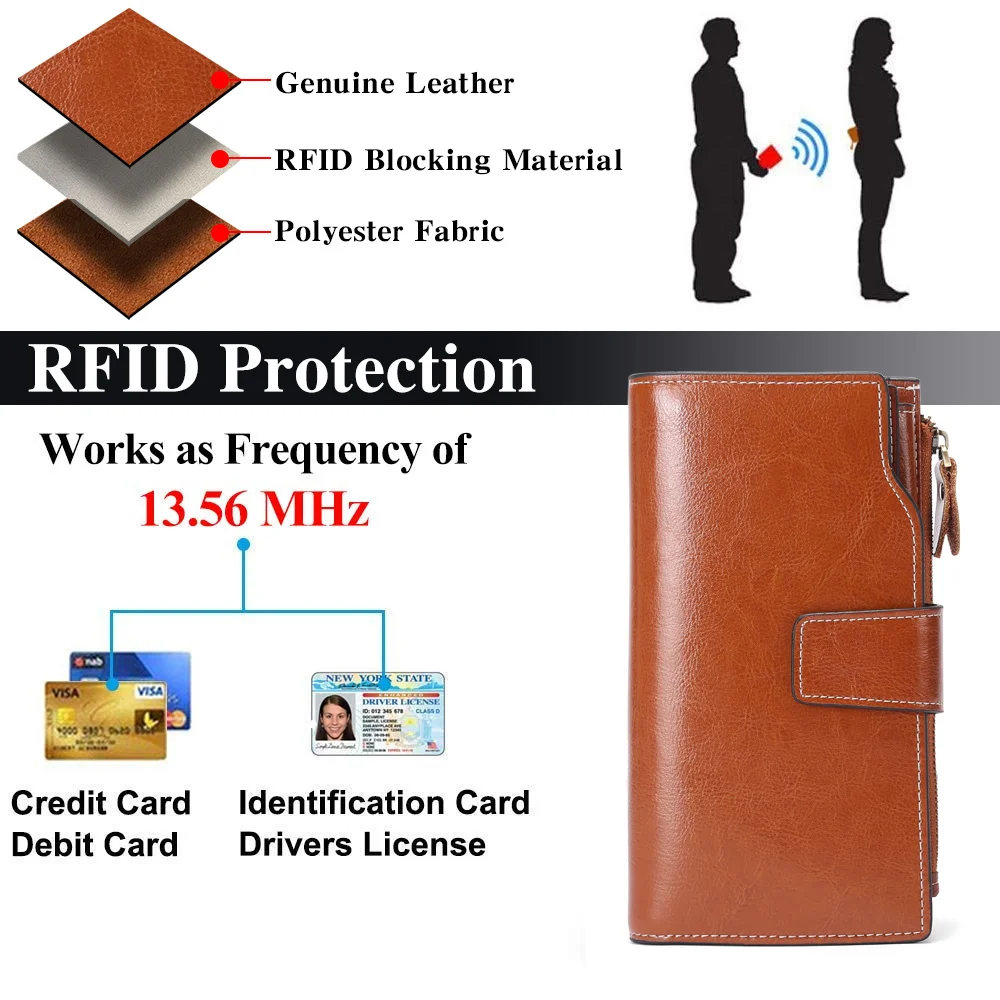 Women RFID Wallet Multi-function Card Holders Luxury Genuine Leather Purse For Women Large Capacity Fashion Ladies Wallets
