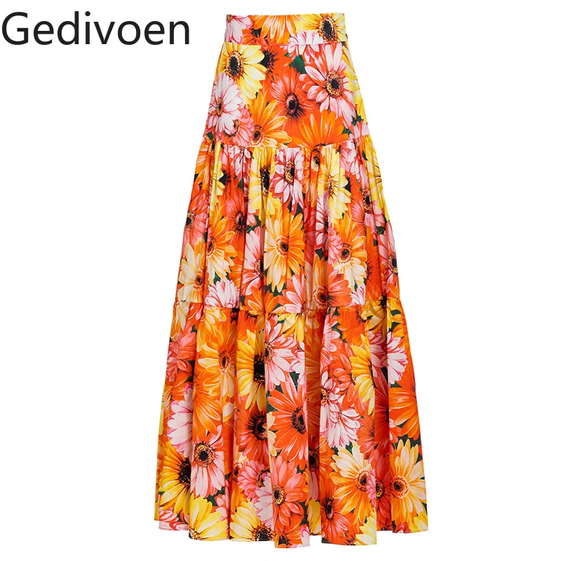 Gedivoen Fashion Runway Designer Summer Cotton Skirt Women Holiday Elegant Flowers Print Midi Skirts