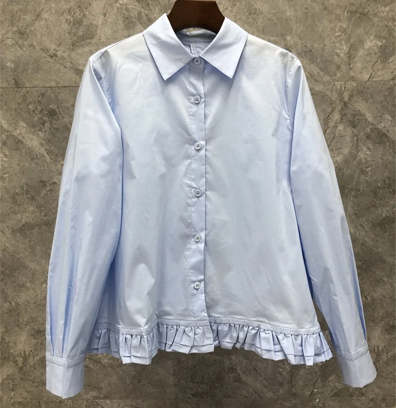 New Korean Style Blouses 2022 Spring Summer Shirts Women Turn-down Collar Back Ruffle Long Sleeve Casual Loose Shirts White Blue
