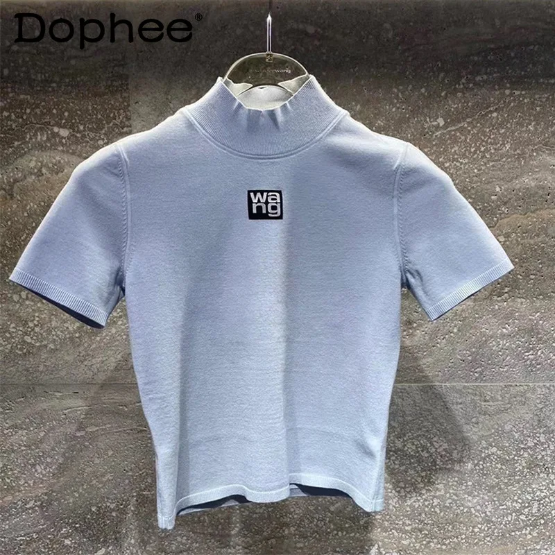 

Sexy Slim-Fit Knited Tshirts for Women 2023 Summer New Print Letter Pullover Short Sleeve T-shirt Female Crop Tops Graphic Tees