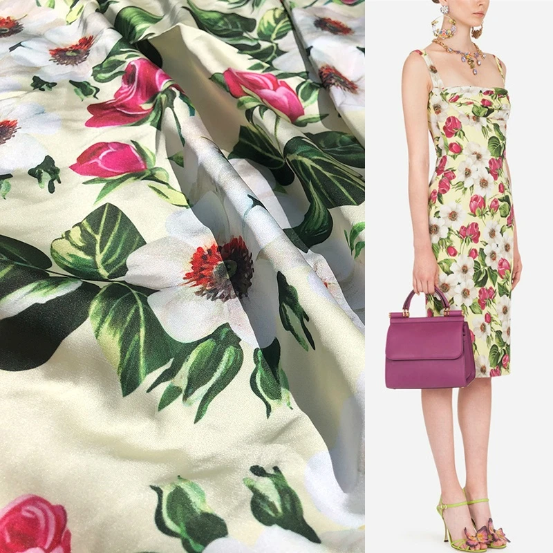 

Rose Printing Polyester Stretch Satin Fabric Cloth Factory Custom Drape Fashion Shirt Women Dress Pants DIY Children's Fabric