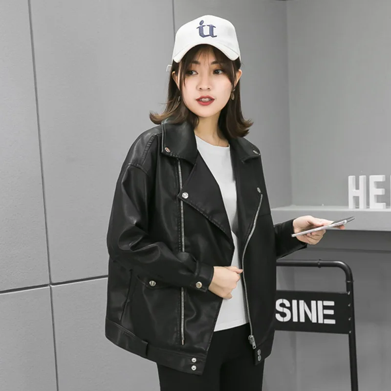 

Faux Leather Jacket Women Casual PU Loose Motorcycle Jackets Female Streetwear Coat Korean Chic For Ladies women V31