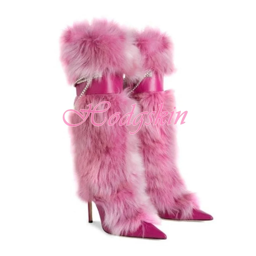 Sweet Pink Fur Boots Mid Calf Chain Buckles Strap Women Winter Shoes Solid Pointy Toe Stiletto Heels Sexy Boots Warm Banquet New
