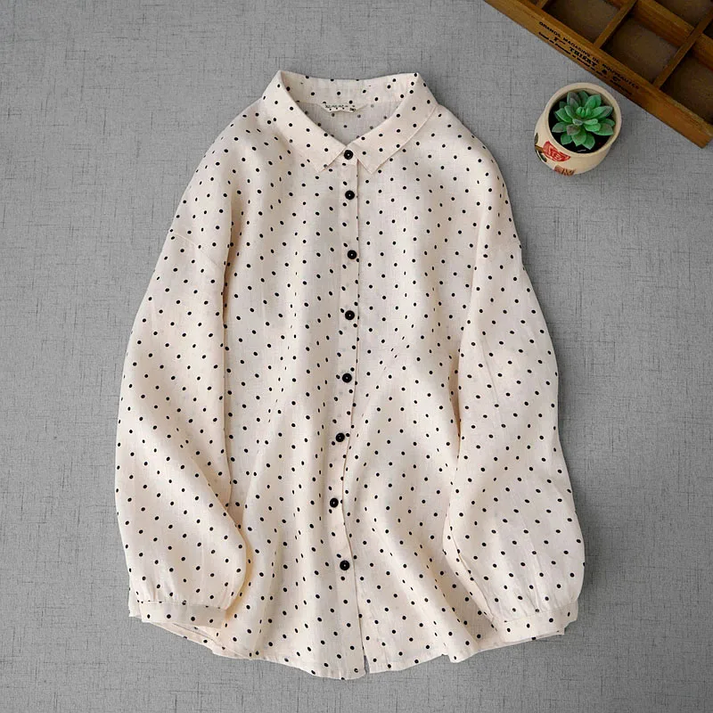 

Spring New Women All-match Casual Loose Plus Size Polka Dots Comfortable Natural Fabric Water Washed Linen Shirts/Blouses