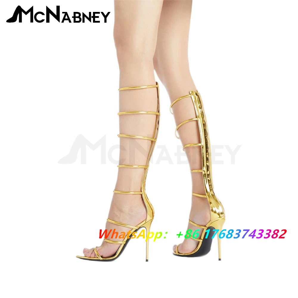

Knee-High Gladiator Sandals Pointed-Toe Stiletto Summer Boots Gold and Silver Bright Leather Super High Heels Women Zipper Boots