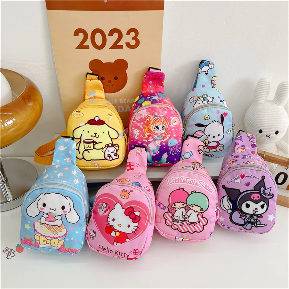 

Anime 산리오 가방 Hello Kitty Sanrio Children Chest Bag Kuromi Pochacco Messenger Bags Cinnamoroll Pompompurin Backpack for Kids Gift