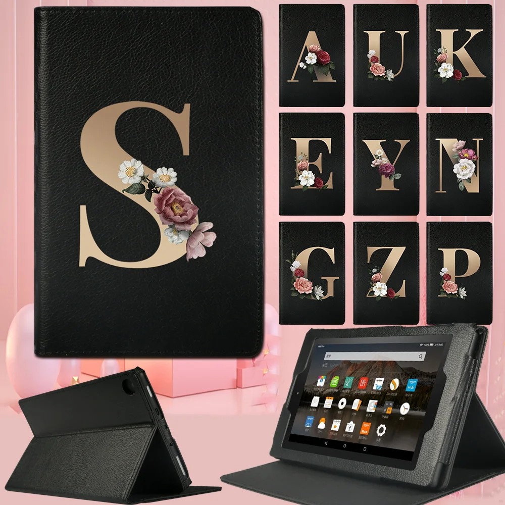 

Flip Tablet Case for Fire HD 8 (6th/7th/8th)/Fire 7 HD10 (5th/7th/9th) Dust-proof Flowers Gold 26 Letters Front Support Cover