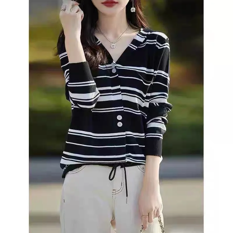 Женская одежда полосатые вязаные топы осень-зима новый трикотаж с капюшоном