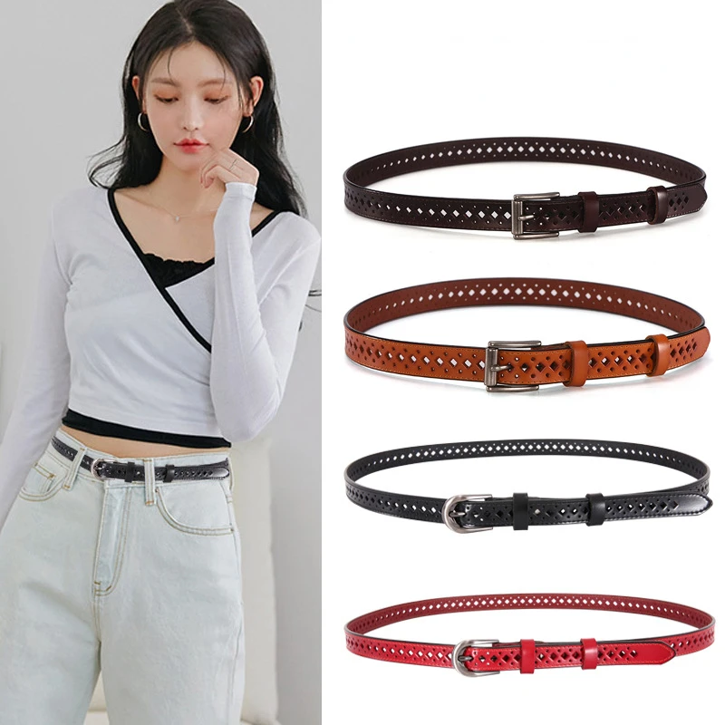

Genuine Leather Belts for Women Second Layer Cowskin Woman Belt Vintage Pin Buckle Strap Jeans Hollow Out Versatile Pinhole Belt