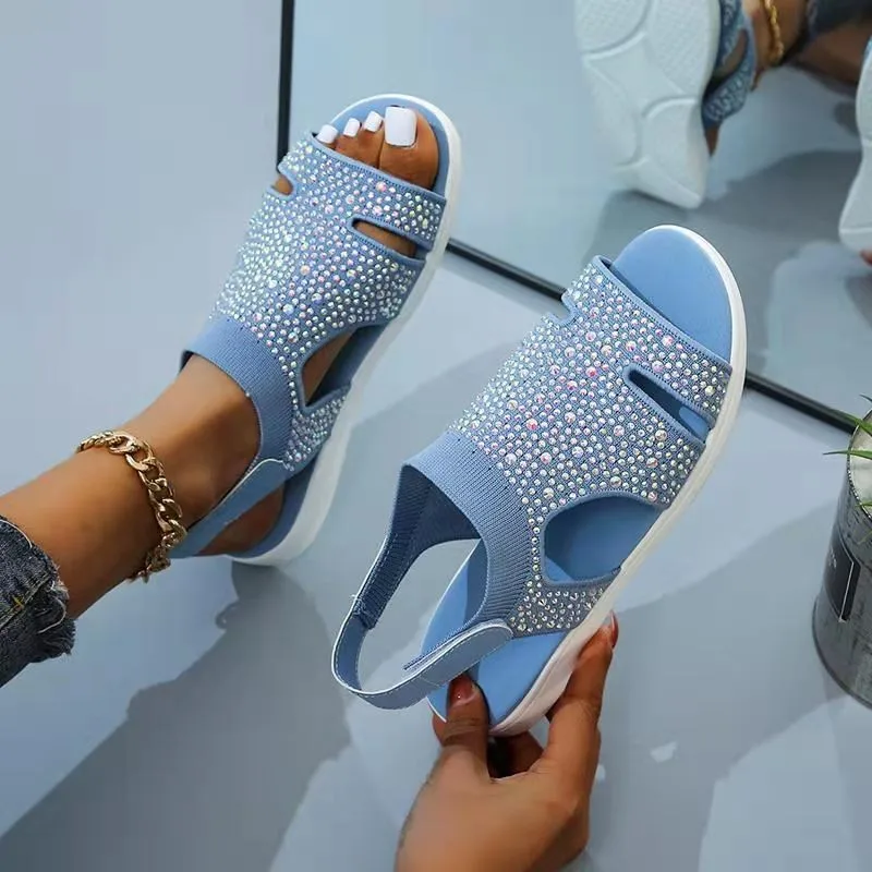 

Women Rhinestones Sandals Fashion Stretch Flying Weave Rhinestone Casual Woman Flats 2022 Ladies Beach Shoe Big Size 36-43