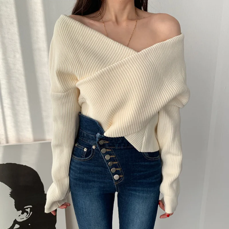 

2023 Slash Neck Koean Chic Autumn Winter Pull Femme Vintage Solid Sweaters Women Tops Retro Fashion Pullovers