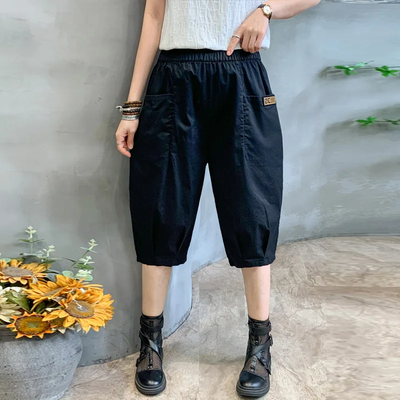 Ice Cotton Large Size Six Point Shorts Summer Thin Style Loose Medium Pants Elastic Waist Harun Casual Pants Streetwear Women