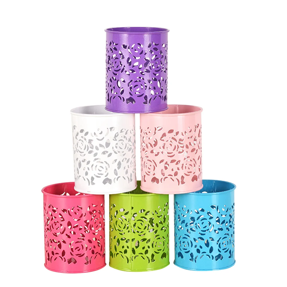 

6-Piece Practical Hollow Decorative Metal Rose Flower Pen Container Organizer