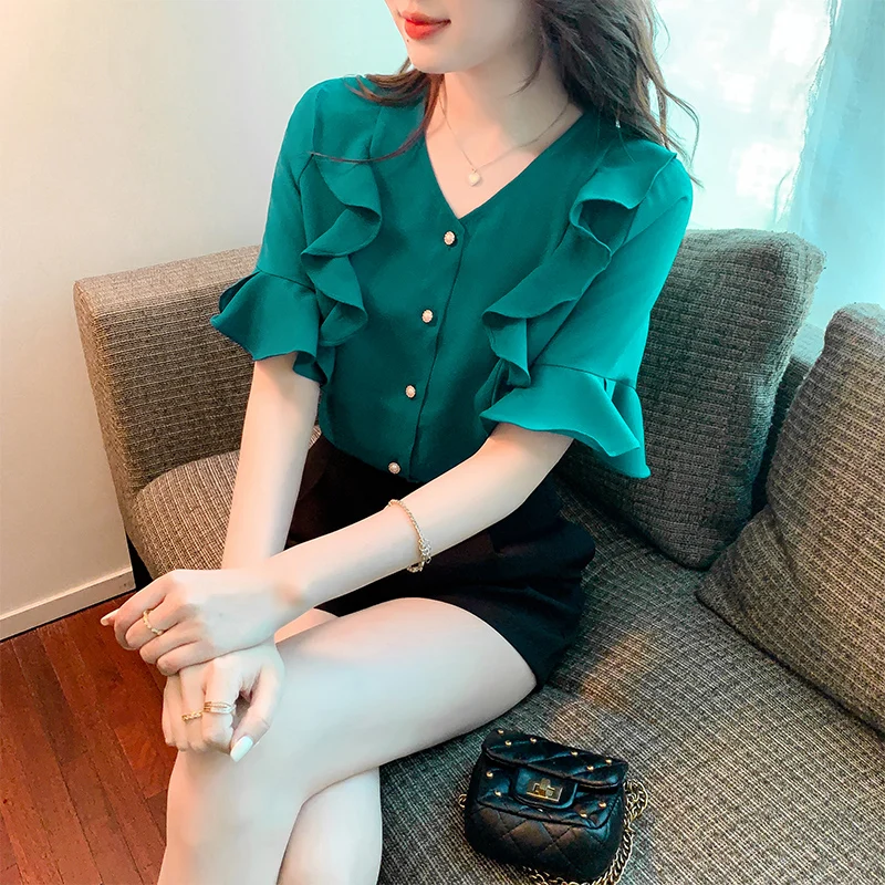 

Summer Chiffon Button Up Shirt New Design V-Neck Short Sleeve Elegant Fashion Lady Blouse 2022 Summer Fashion Womens Tops