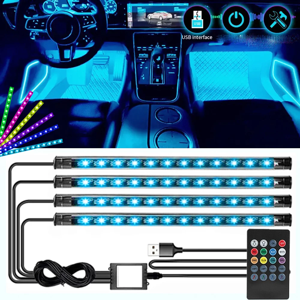 Фото Комплект из 4 светодиодных светильников для салона автомобиля - RGB, питание от USB, красочные подсветки для ног с синхронизацией с музыкой для улучшения атмосферы, Рождество №1