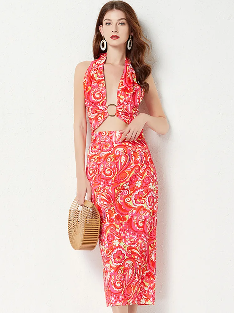 

Summer Red Print Bohemian Holiday Suit Women Sexy Halter Backless Lace Up Crop Top+High Waist Bodycon Midi Skirt Two Piece Set