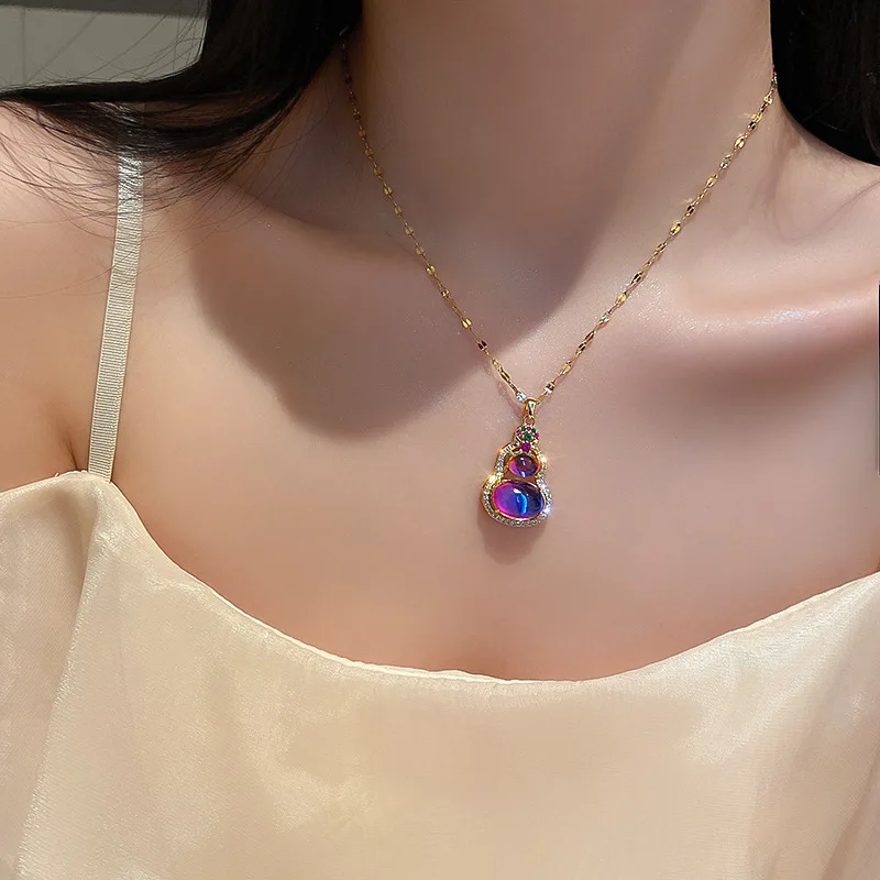 

U-Magical Trendy Purple Colorful Opals Gourd Pendant Necklace for Women Shining Rhinestone Stainless Steel Necklace Jewelry