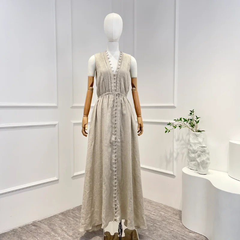 

Женское платье-макси из льна, белое или серое платье без рукавов с глубоким V-образным вырезом, лето 2023