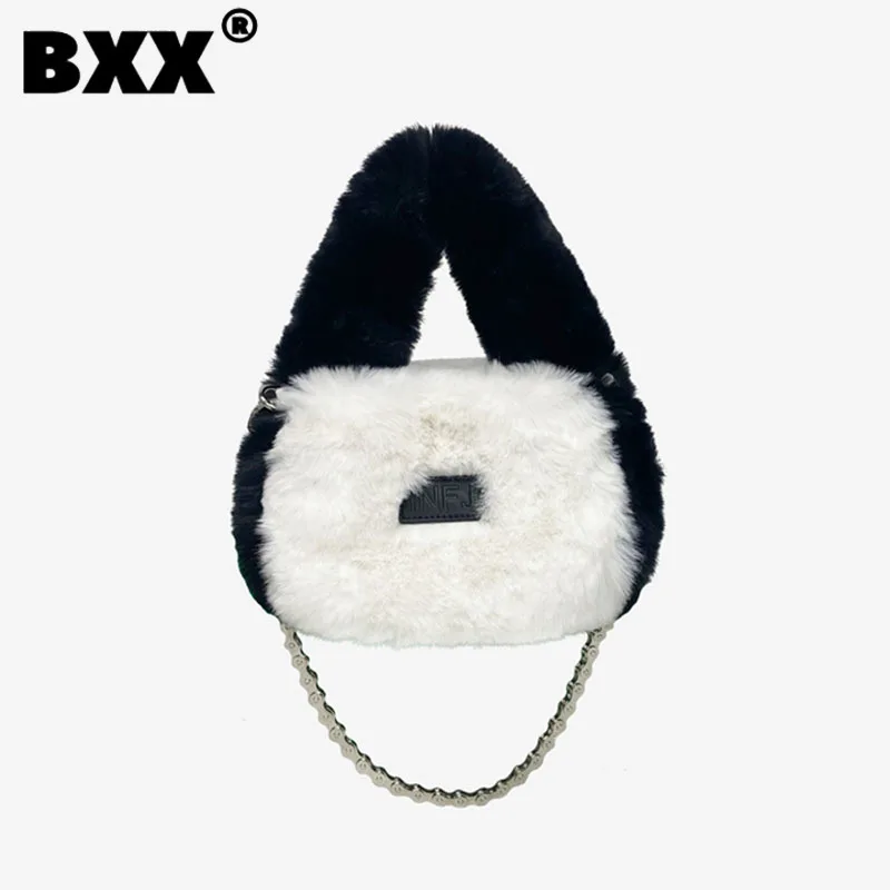 

[BXX] Black And White Color Matching Furry Handbag Chain Versatile Fashion Female Elegant Shell Shape Bag Winter 2023 New 8CY372