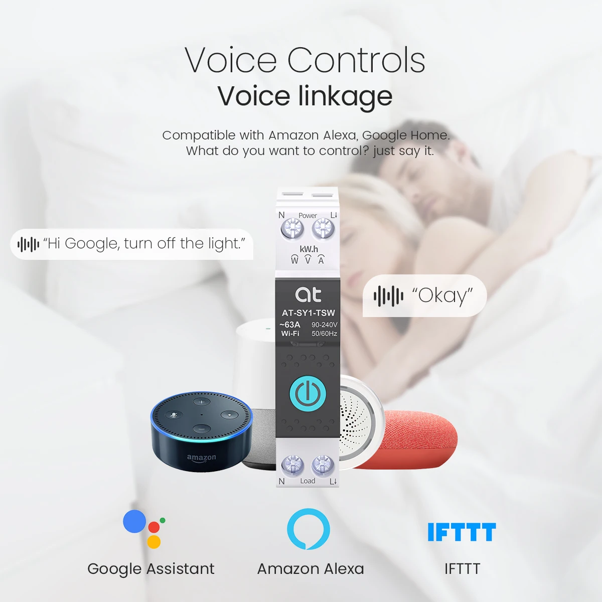 Фото Автоматический выключатель Tuya Wi-Fi Smart 1P + N 63A MCB Таймер Мощность Энергия кВтч Измеритель напряжения и тока Защитный голосовой переключатель дистанционного управления №1