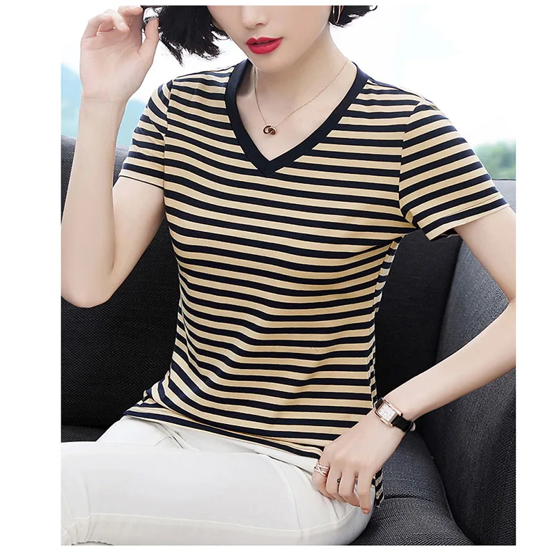 

Short-sleeved T-shirt Striped Women's 2022 Summer New Cotton V-neck Loose Half-Sleeve Top