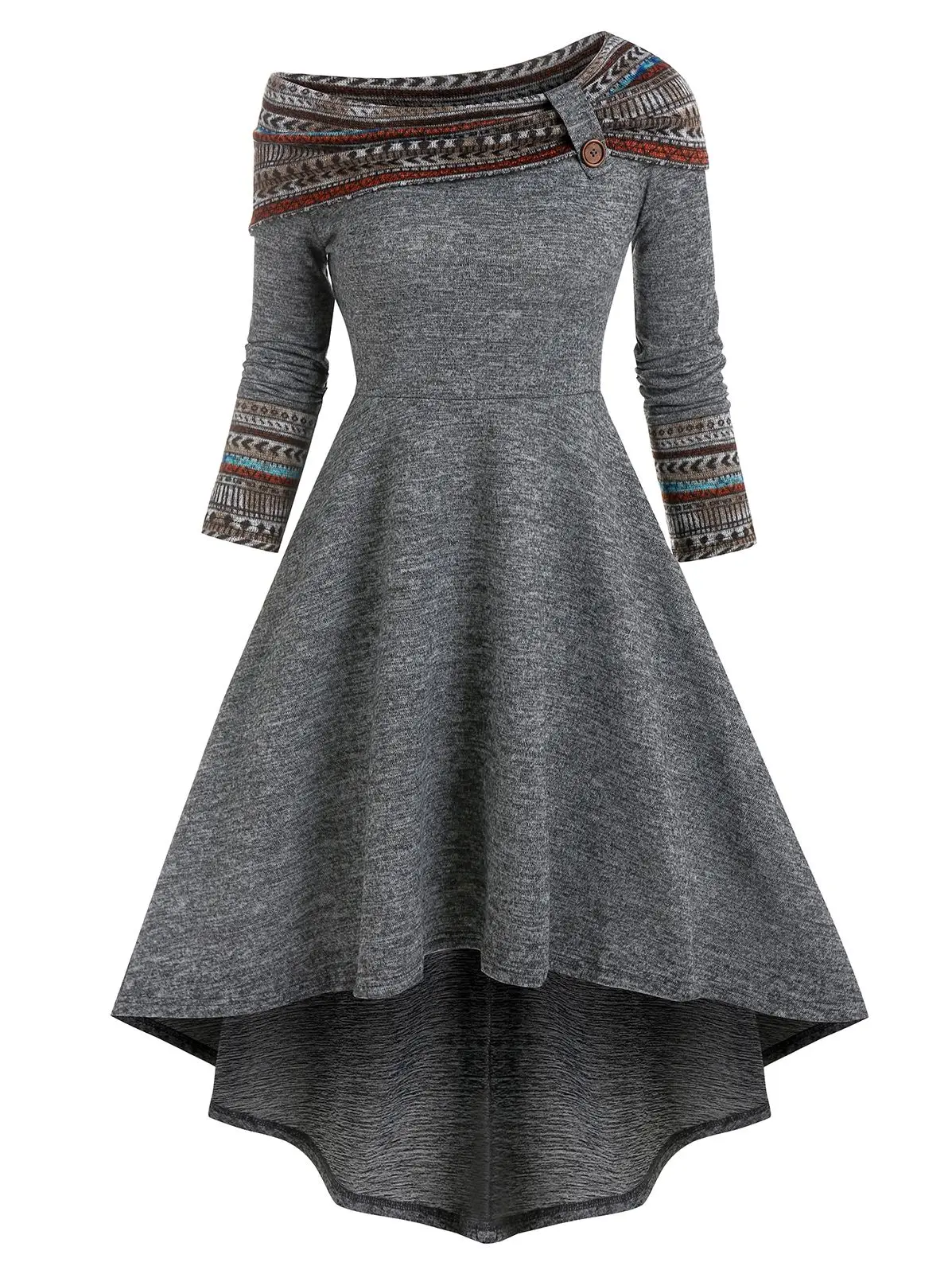 

Dressfo Skew Neck Midi Dress Long Sleeves Tribal Print Irregular Dress Oblique Shoulder Asymmetrical Women Foldover Dress