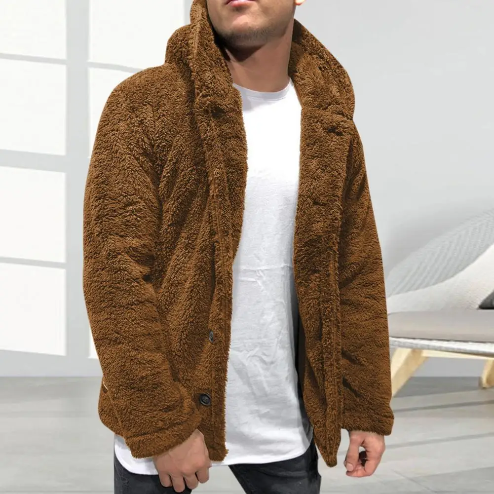 

Men Outerwear Men's Winter Hooded Coat Thick Warm Outerwear with Fluffy Fleece Long Sleeve Button Closure Men Comfortable Coat