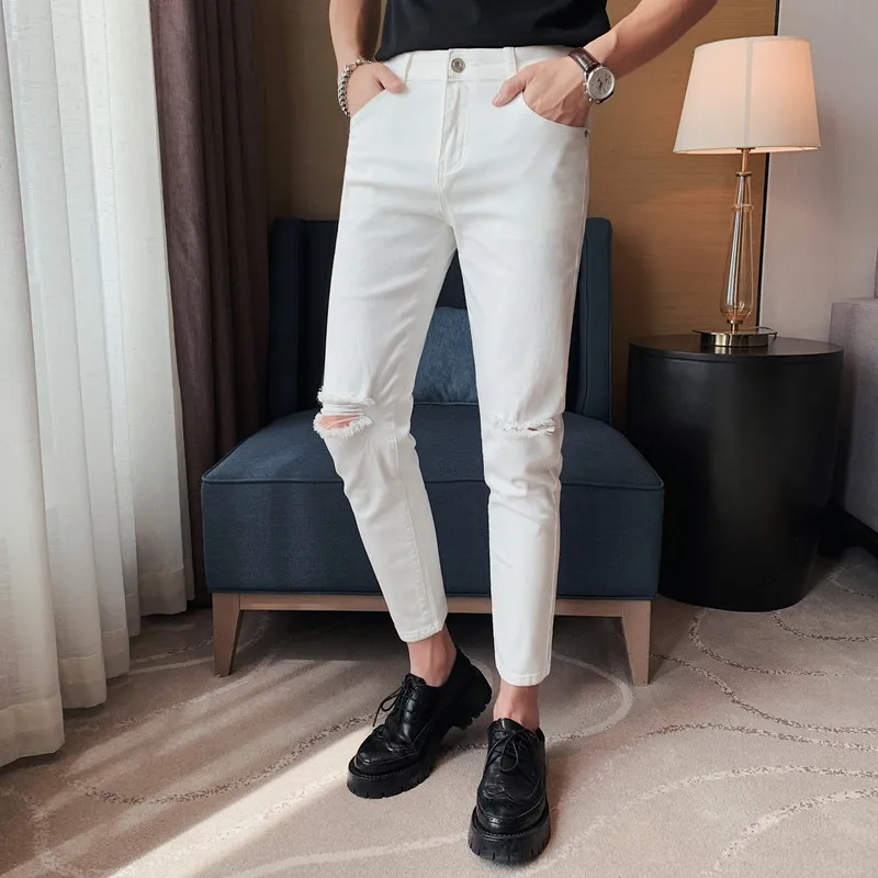 

Men's Korean Slim Fit Jeans Spring/Summer Slim Fashion Solid Color Hole Design Elastic and Comfortable Trendy Denim Pencil Pants