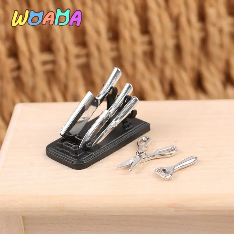 

6Pcs/Set 1:12 Dollhouse Miniature Kitchen Knife Set Mini Scissor Peeler Cooking Utensils With Holder Model Kitchen Decor Toy