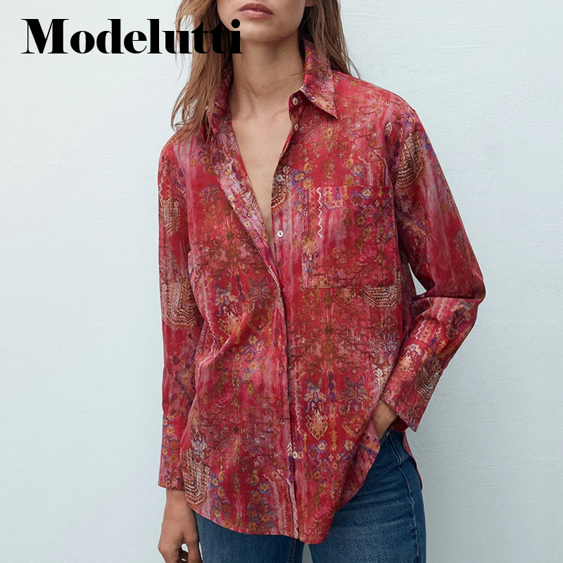 

Modelutti 2022 New Spring Autumn Fashion Vintage Long Sleeve Floral Print Shirt Lapel Blouses Women Simple Casual Tops Female