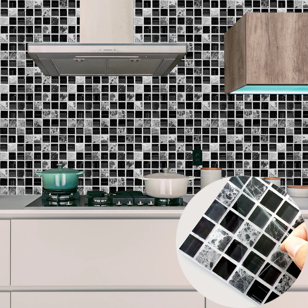 Black Mosaic Tile Sticker Vinyl Adhesive Bathroom Wall Stickers Decoration For Kitchen Splashback Panel PVC Wallpaper Waterproof