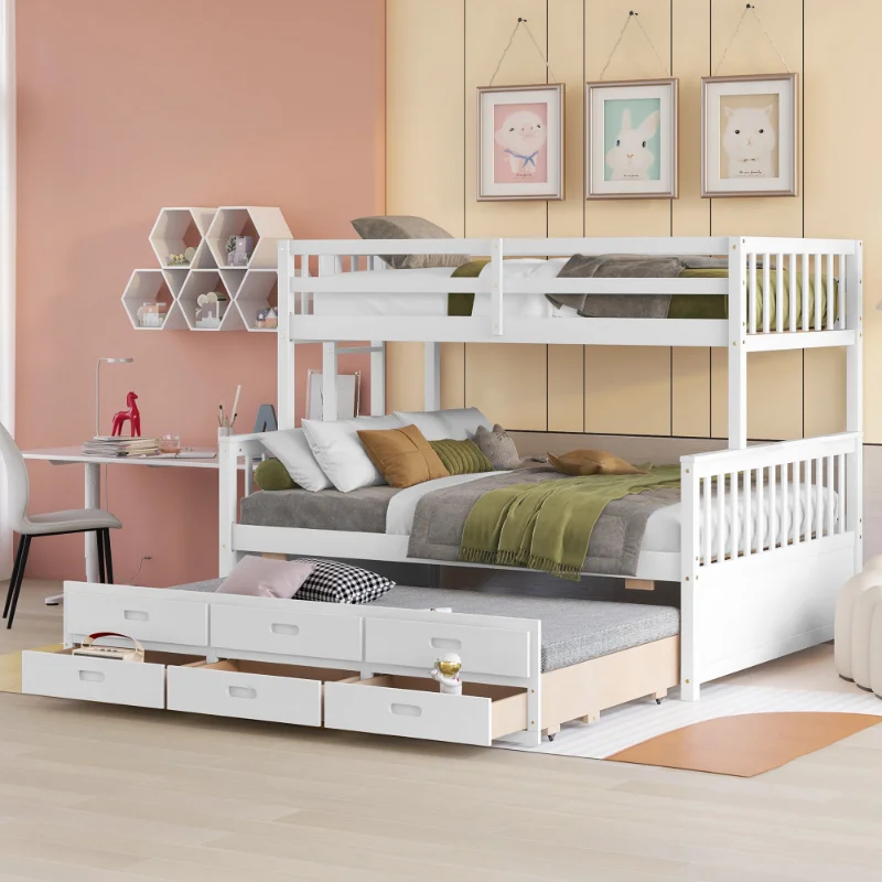 

[Flash Deal]Twin-Over-Full Bunk Bed with Twin size Trundle Separable Bunk Bed with Drawers for Bedroom - White[US Stock]