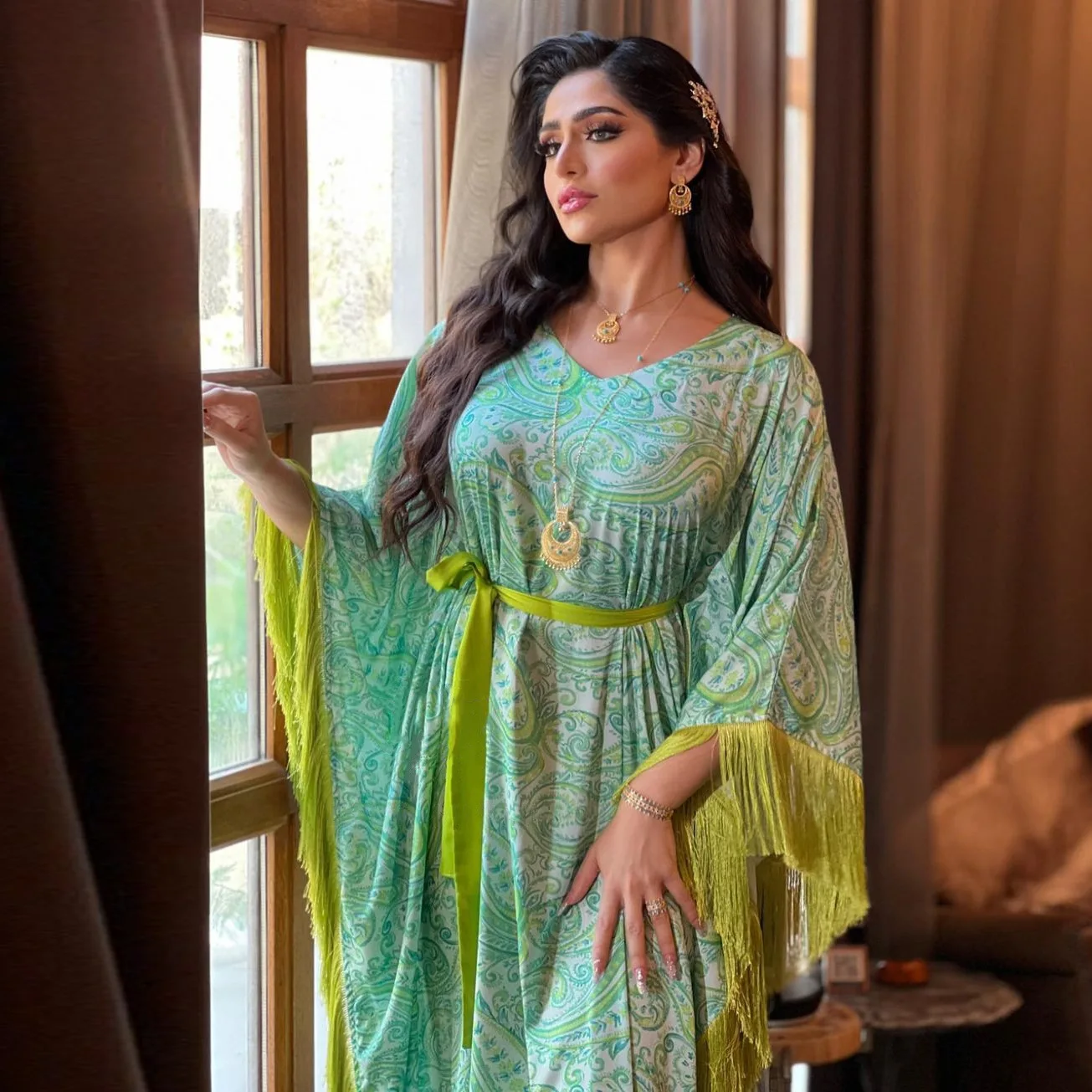 Floral Printing Party Evening Dress Bat Sleeve  Tassel Patchwork Belted Oversized Gown Banquet Kaftan Turkey Women Muslim Abaya