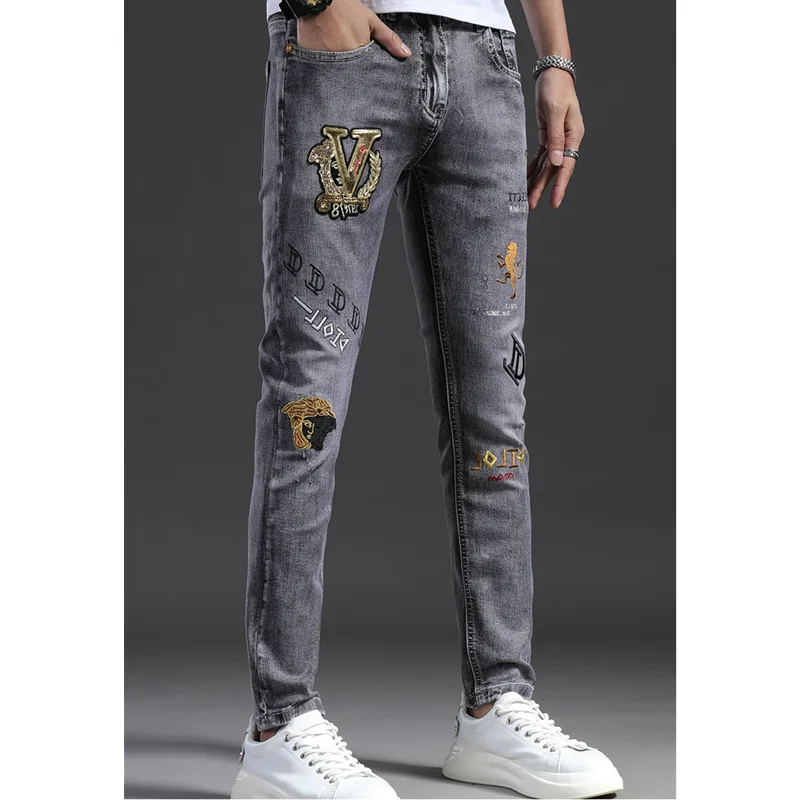 Streetwear Men 2022 New Embroidered Recreational Jeans Sense of Design Vintage Light Grey Pencil Pants Autumn and Winter Female