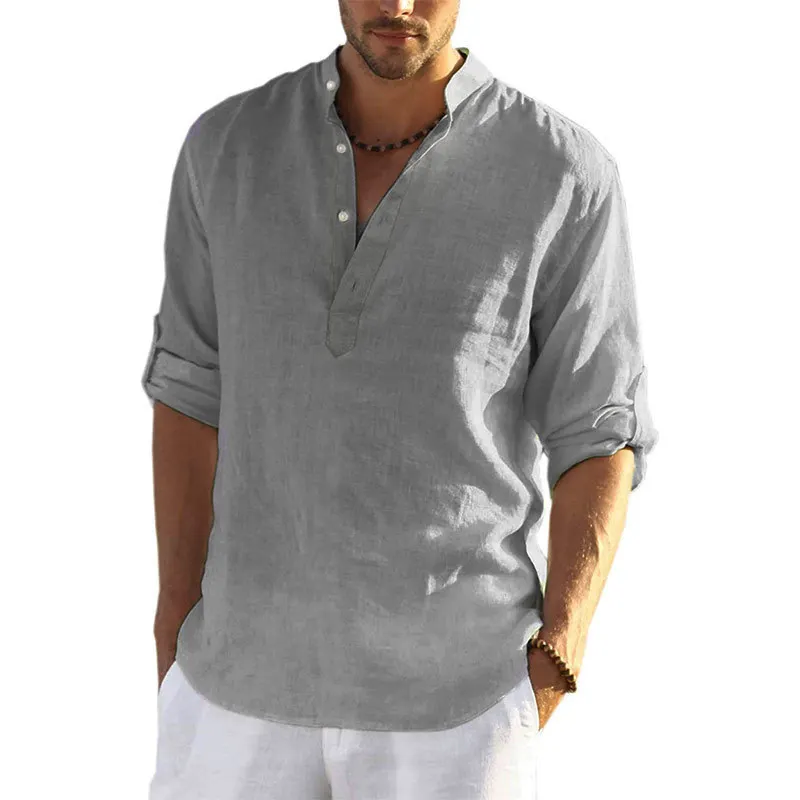 

Casual Men's Cotton Linen Shirts 2022 Summer Loose Long Sleeve Solid Tee Shirt Fashion V-neck Breathable Male Blouse Shirt Tops