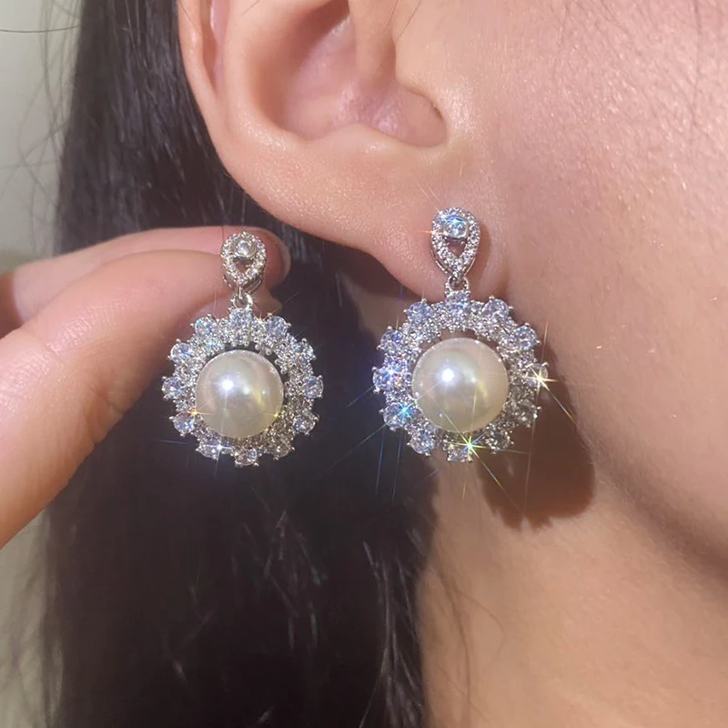 

Elegant Imitation Pearl Bridal Wedding Pendant Earrings Silver Color Luxury Zircon Romantic Female Party Drop Earrings for Women