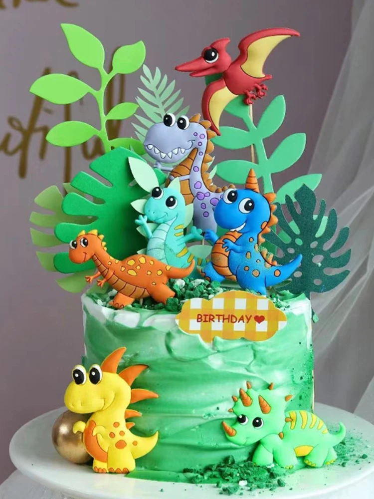 

Dinosaur Cake Decoration Decoration Soft Glue Tropical Leaves Rainbow Dinosaur Card Boy Birthday Cake Party Dress Up Children