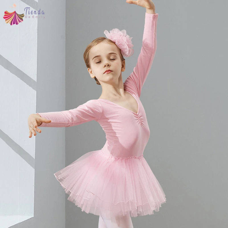 Балетный купальник с длинными рукавами и юбкой-пачкой для девочек розовое