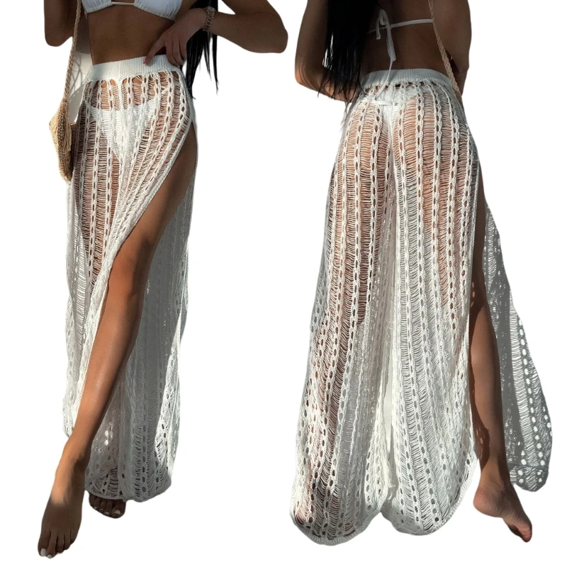 

H58D Female Crochet Beach-Pants Womens Side Splith Bathing Suit Cover Up Pants Ins