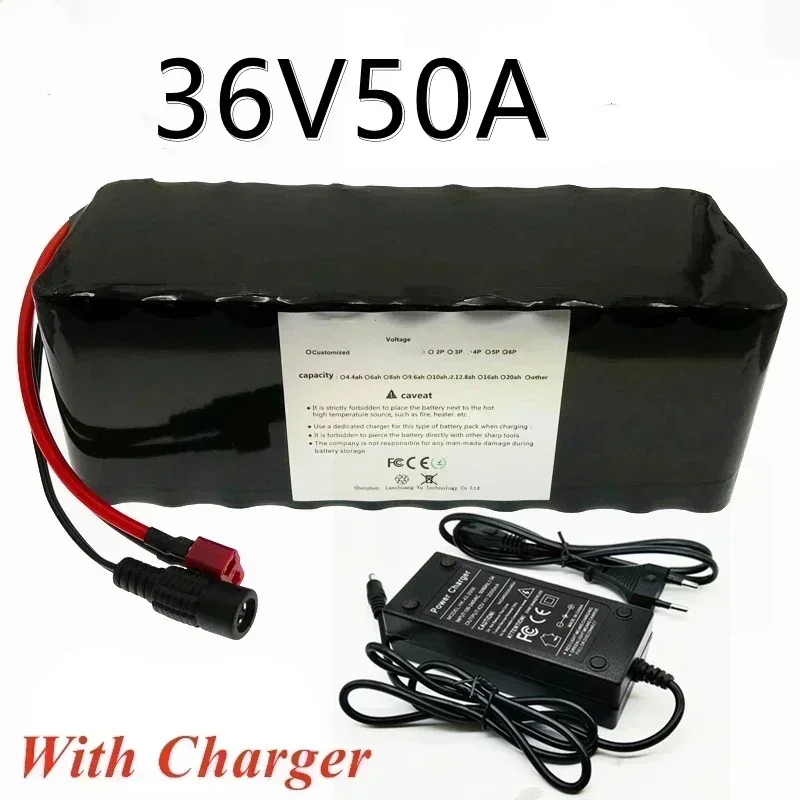 36V 50Ah Electric Bicycle Battery Built-in 40A BMS Lithium Pack 36 Volt 2A Charging Ebike + Charger