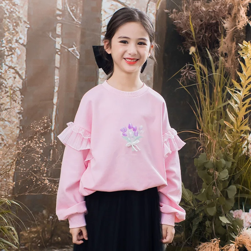 

Girls Autumn New Long Sleeve Clothes Fashion Pink Beige Children Sweatshirts Teenage Korean Tops Pullover Spring Clothes 5-14 Y