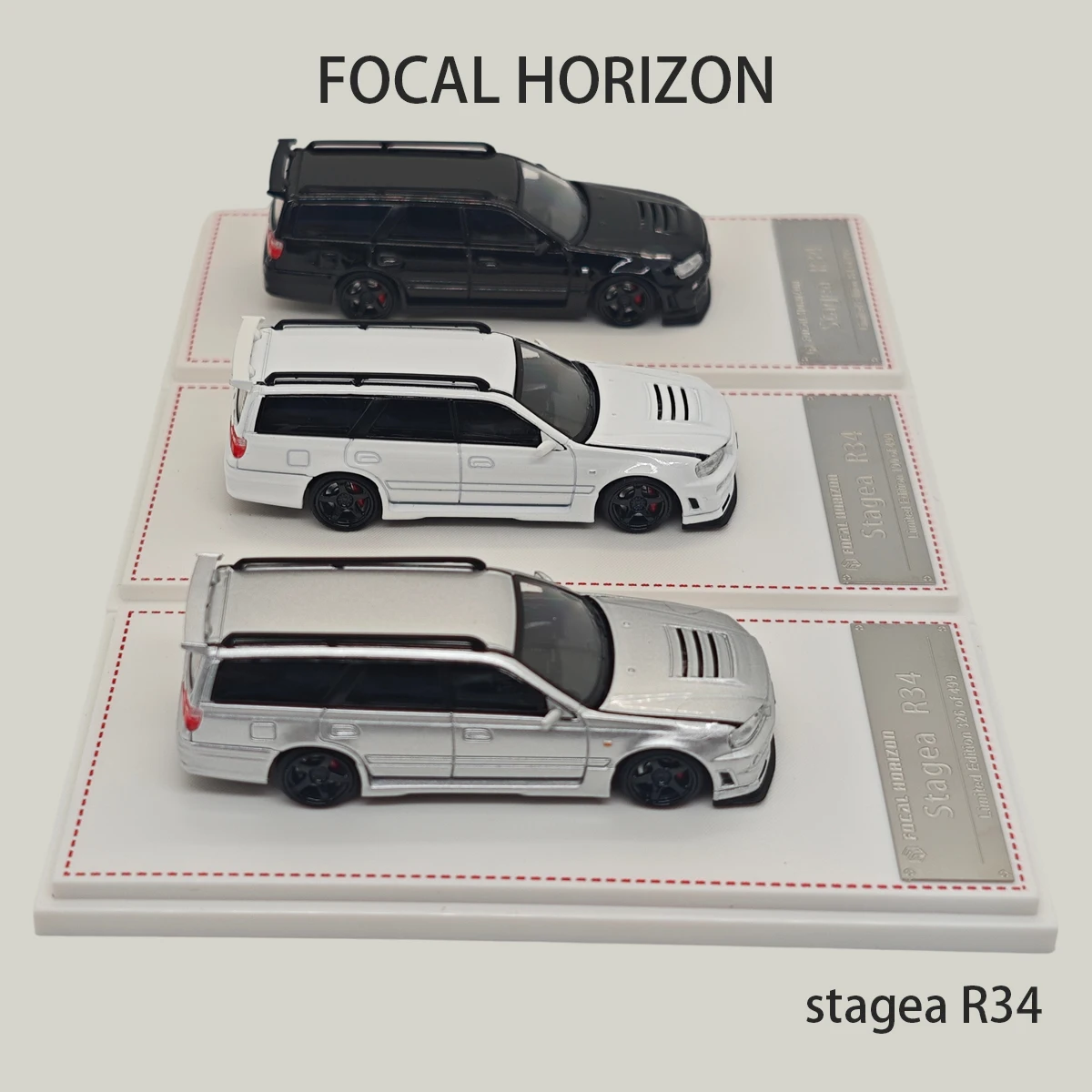Фото FH в наличии: Коллекционная модель автомобиля Focal Horizon Stagea R34 Wagon, масштаб 1:64, литой сплав, доступны различные цвета. №1