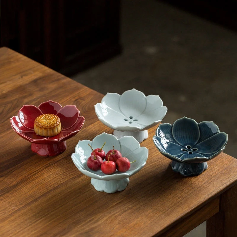 

Lotus Tall Feet Snacks Plates Chinese Modern Drainable Relief Hollow Fruit Bowl Desktop Pastry Dishes