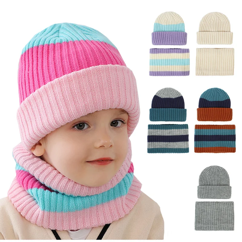 

2pcs Kids Winter Hat Scarf Set Warm Striped Baby Beanie Children Hats for Girls Boys Accessories Infant Cap Toddler Stuff