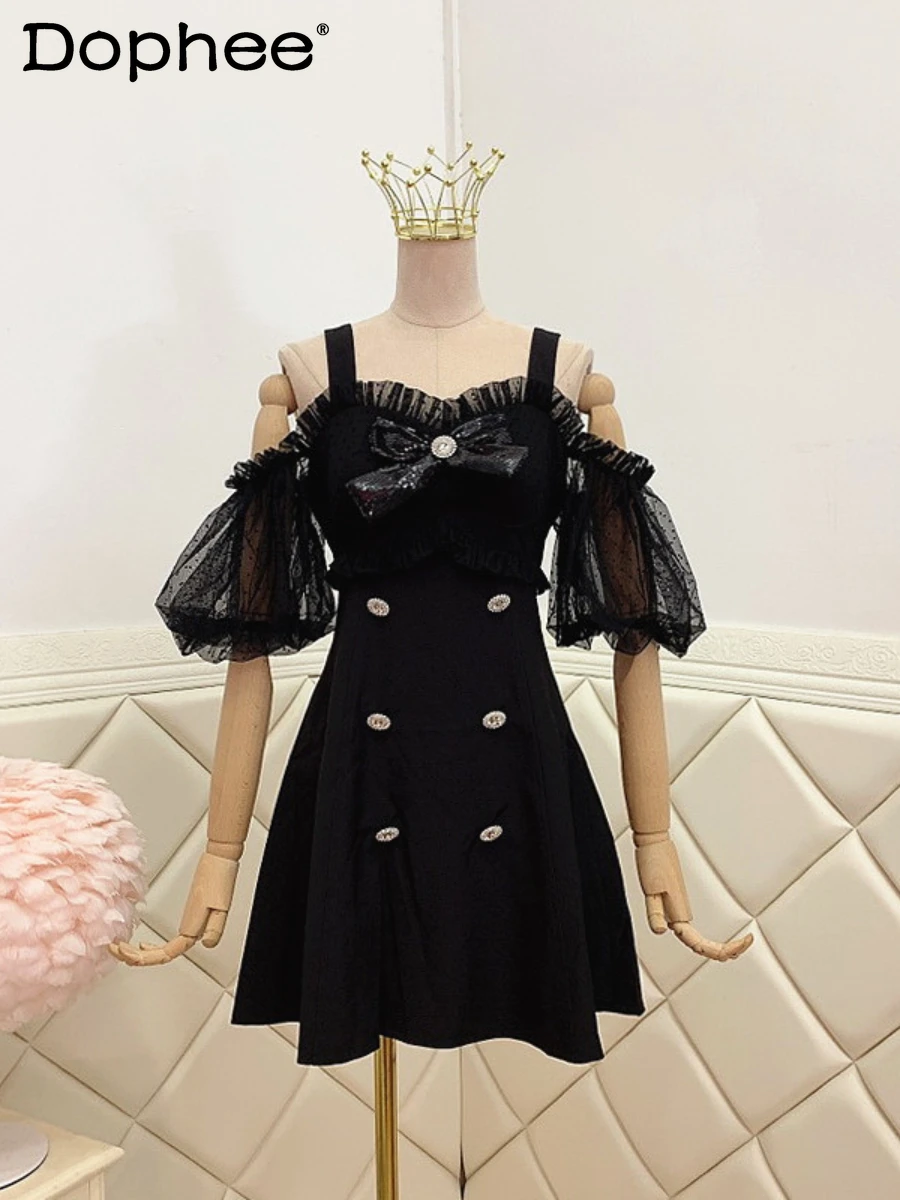

Elegant Lady Sexy Off-shoulder Puff Sleeve Bow Polka Dot Suspenders Strap Dress Women 2022 Summer New Black A- Line Mini Dress